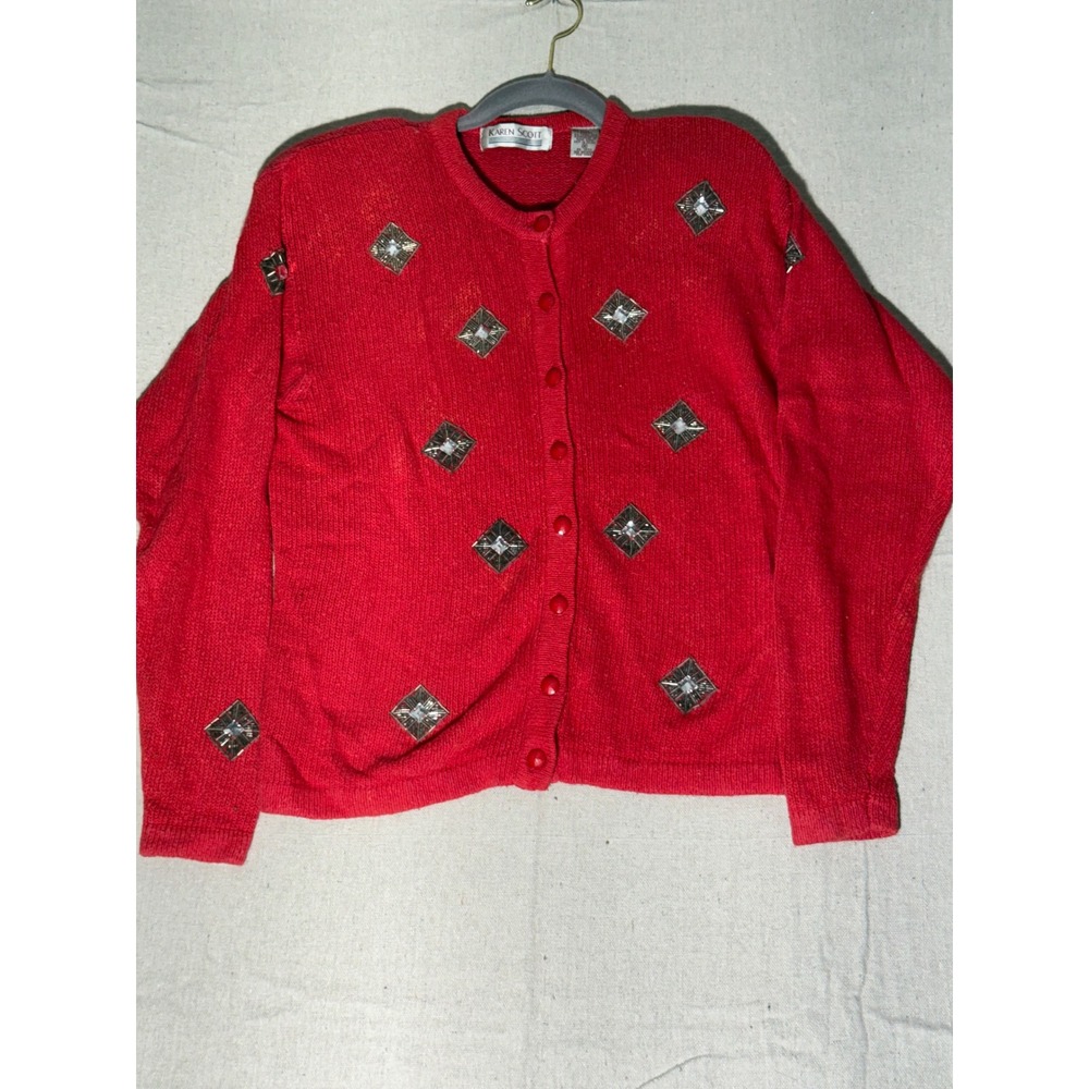 Karen Scott Vintage Red Silk Angora Beaded Crystal Cardigan Sweater Womens M